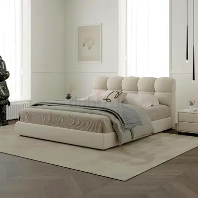 Low-profile upholstered king bed with padded headboard