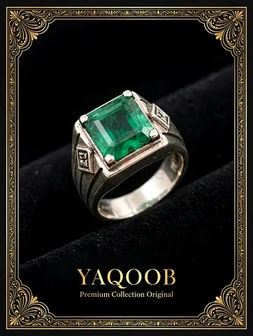 Emerald Men's Sterling Silver Emerald-Cut Green Gem Ring - YAQOOB Collection