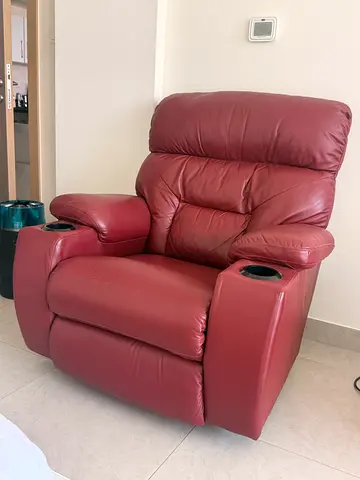 Original LaZBoy Red leather recliner armchair with cup holders - good condition