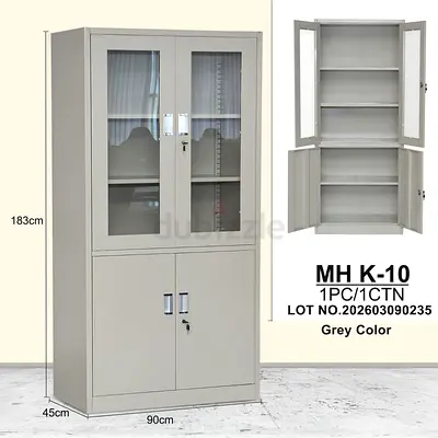 Steel Office Storage Cabinet 183cm High with Glass Top Doors - Grey