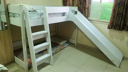 Kids bed - With Slide - White Wooden - Bunk bed