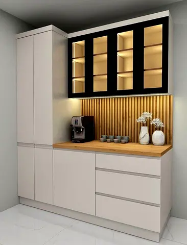 Modern built-in kitchen cabinet and display unit with LED lighting