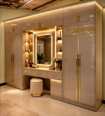 Built-in Glossy Wardrobe with Vanity and LED Lighting