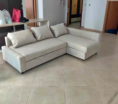 Beige L-shaped Fabric Sofa with Chaise (3-seater) - Good Condition