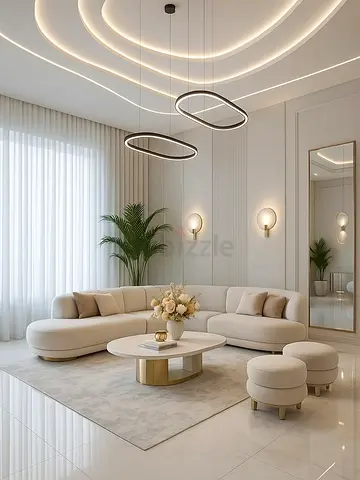 Cream Curved Sofa Set with Ottoman