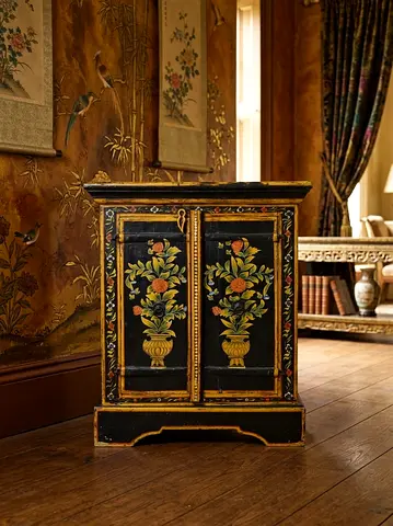 Hand-painted Vintage Wooden Cabinet with Floral Motif