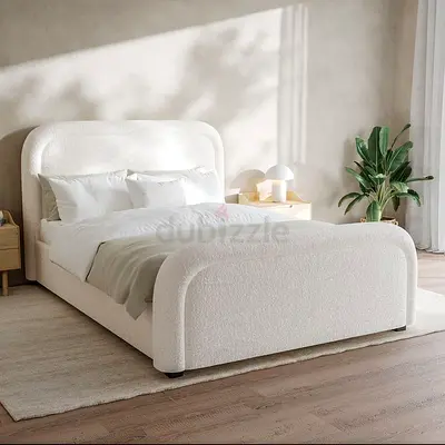 Queen Size Upholstered Bed Frame with Curved Headboard (Cream)