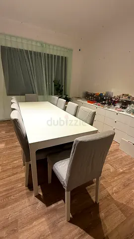ikea Modern White Dining Set with 10 Grey Fabric Chairs