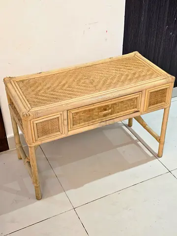 Vintage rattan woven desk with drawer - natural finish