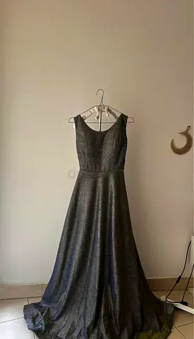 Long silver evening gown, floor-length, size approx S