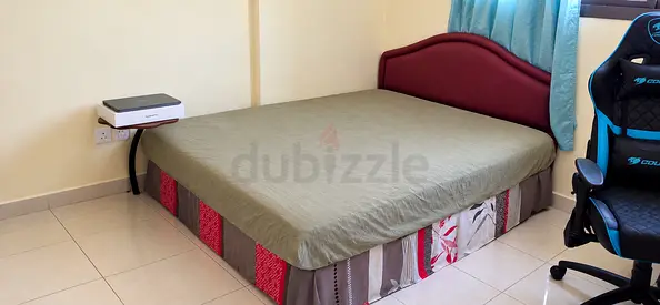 Queen size upholstered bed with mattress - good condition