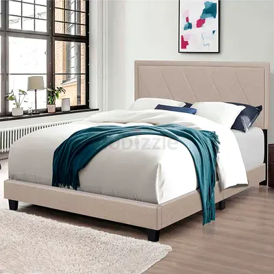 Beige leather fabric upholstery queen bed