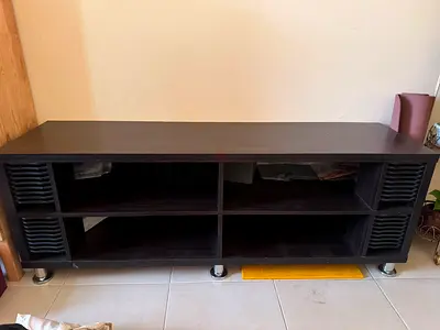 Low TV Stand / Entertainment Unit in Dark Wood (6 Open Compartments)
