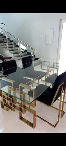 Glass Top Dining Table with Gold Geometric Base + 6 Velvet black Chairs