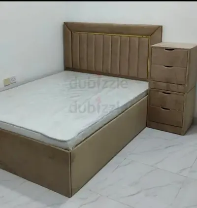 New Beige upholstered Queen size bed with matching bedside drawers