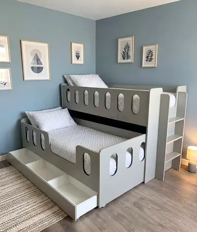 Grey wooden bunk bed with trundle and built-in shelves - good condition