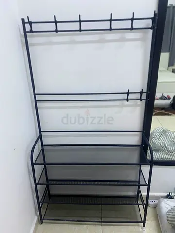 Black Metal Hall Tree with Shelves and Hooks - Good Condition for shoe and coat rack