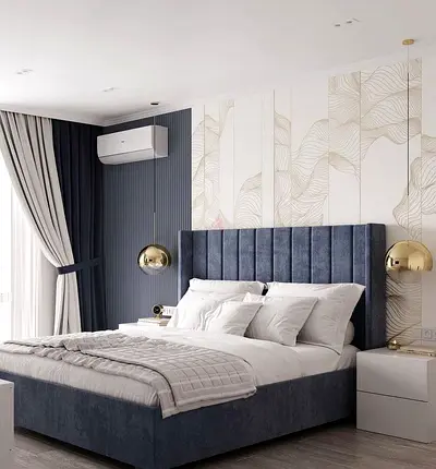 Upholstered King Size Bed with Vertical Channel Headboard - Blue Grey