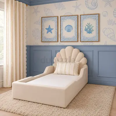 Cream scallop shell toddler/child bed - upholstered single low profile