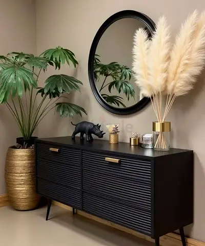 Black Sideboard Cabinet with Slatted Doors - Modern Console