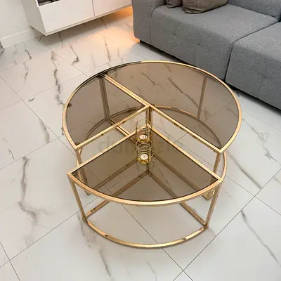 Round Gold Metal & Smoked Glass Nesting Coffee Tables - Set of 3