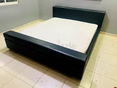 Black faux leather double bed frame with mattress - good condition