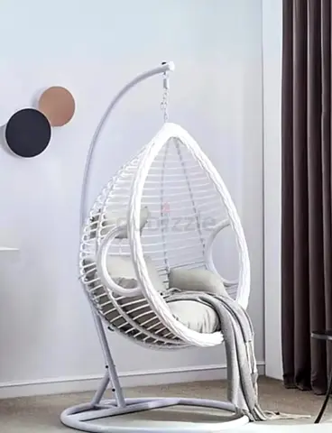 White Rattan Egg Hanging Chair with Stand - Cozy Indoor Swing