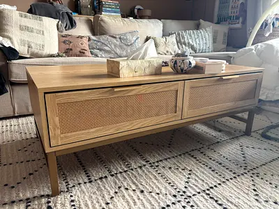 Solid Wood Coffee Table with Rattan Drawer Fronts - Light Oak