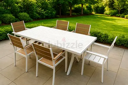 Outdoor Dining Table with 6 Chairs - White Aluminum Frame, Wood-Style Slats