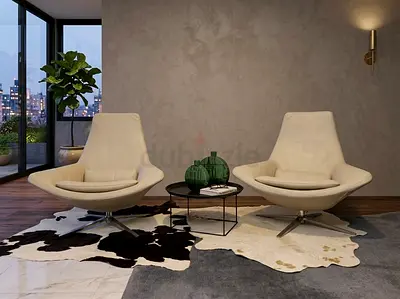 B&B Italia Pair of Modern Beige Swivel Lounge Chairs with Cowhide Rug