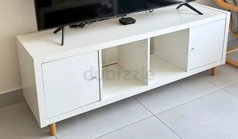 White IKEA Low TV Cabinet / Media Unit with Wooden Legs