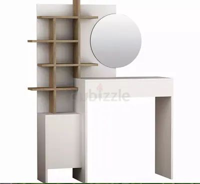 Modern white dressing table with round mirror and open shelving