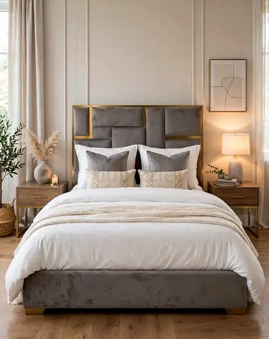 Queen upholstered bed frame with velvet headboard and storage base - grey