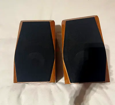 Pair of compact wooden bookshelf speakers — good condition, perfect for small room and desktop