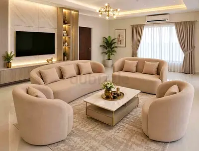 Free Delivery- Beige Curved Sofa Set – 3-Seater, 2-Seater and 2 Armchairs (Modern Living Room Set)