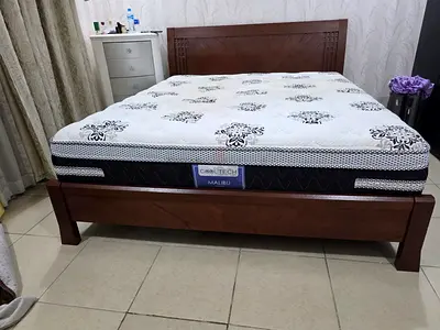King wooden bed frame with mattress (Malibu, good condition)