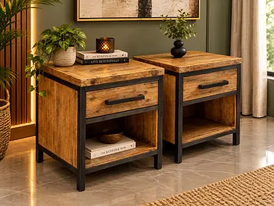 Pair of Industrial Style Wooden Nightstands with Metal Frame