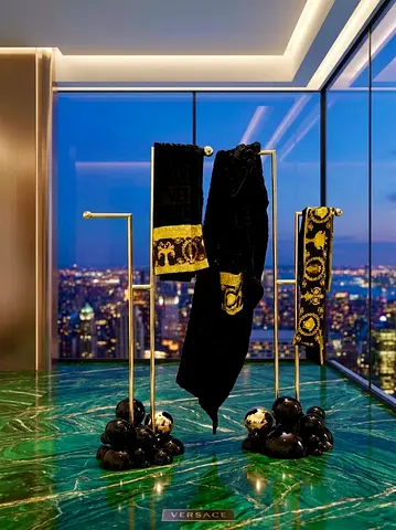 BOCA DO LOBO Rack & Versace Black Towel Set with Gold Baroque Trim (Like New)