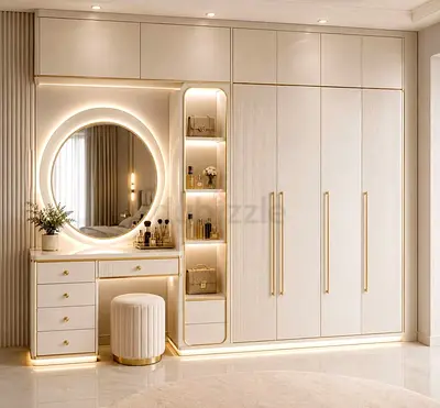 Built-in Wardrobe with Vanity and LED Lighting - Modern Cream Finish