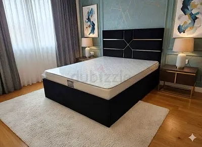 New King Size Bed Frame with Mattress - Black Upholstered Headboard