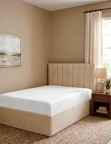 New Beige Upholstered Queen Size Bed Frame with Padded Headboard