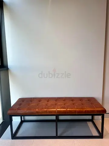 Brown Leather Tufted Bench with Metal Frame - Good Condition