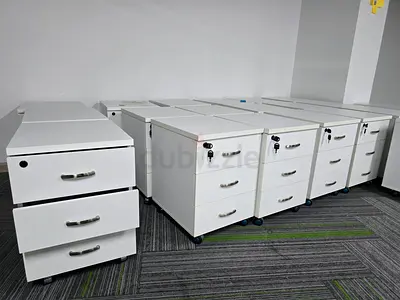 White Mobile Pedestal Drawer Cabinets - Set of 8, Good Condition