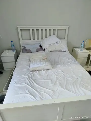 White wooden double bed frame with headboard - good condition