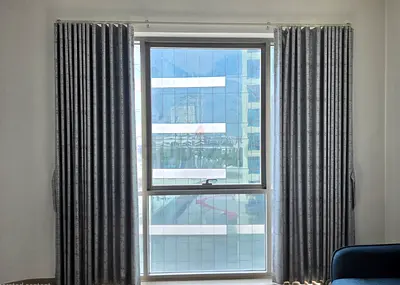 Grey blackout curtains set - ready to hang, good condition. 280H × 320W