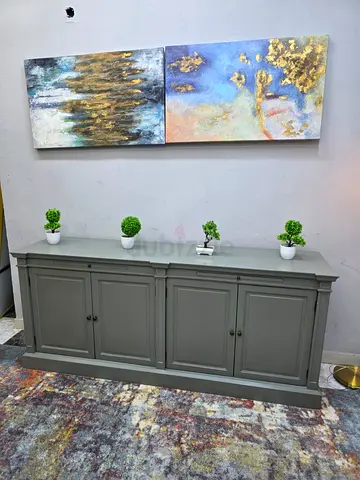 Long grey wooden sideboard / console cabinet - 4 door storage