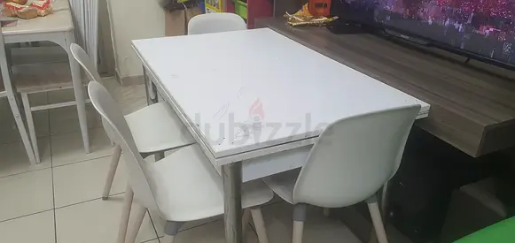 White Dining Table with 4 Matching Chairs - Used, Good for Small Dining Area
