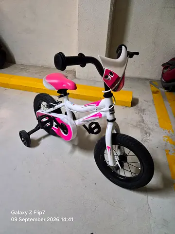 Kids 12-14 inch Pink & White Balance Bike with Training Wheels - Good Condition