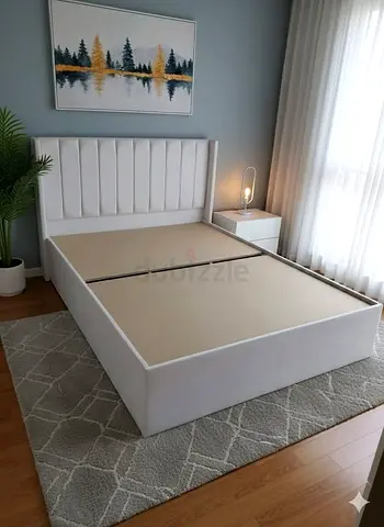 New White Fabric Queen size Bed Frame with Headboard