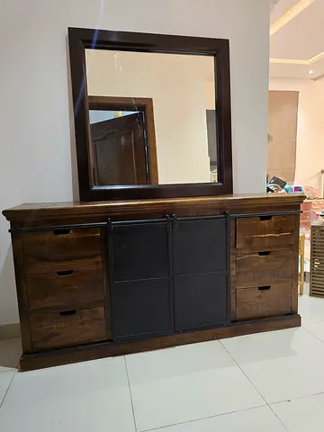 Dark Wood Framed Wall Mirror with Solid Wood Console
